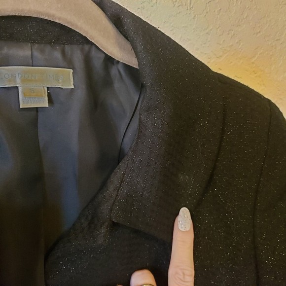 London Times Black Metallic Thread Velvet Bow Blazer Size 6 - Picture 6 of 10